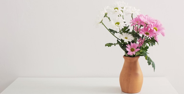 Chrysanthemenblumen in Keramikvase auf weißem Hintergrund