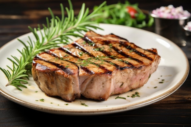 Chuleta de cerdo a la parrilla con hierbas en un plato