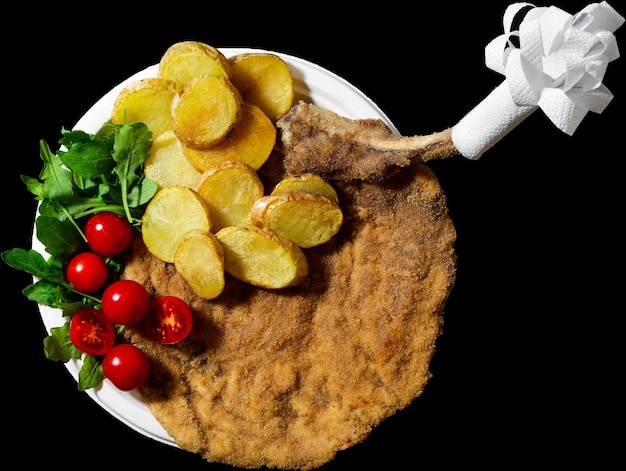 Chuleta milanesa con patatas asadas y ensalada