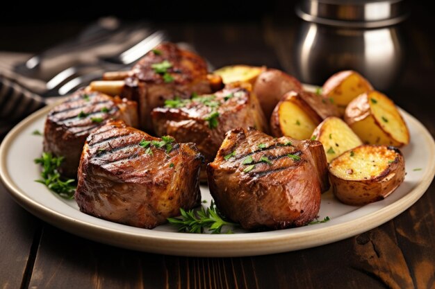 Chuletas de cordero con marcas de parrilla bañadas con patatas