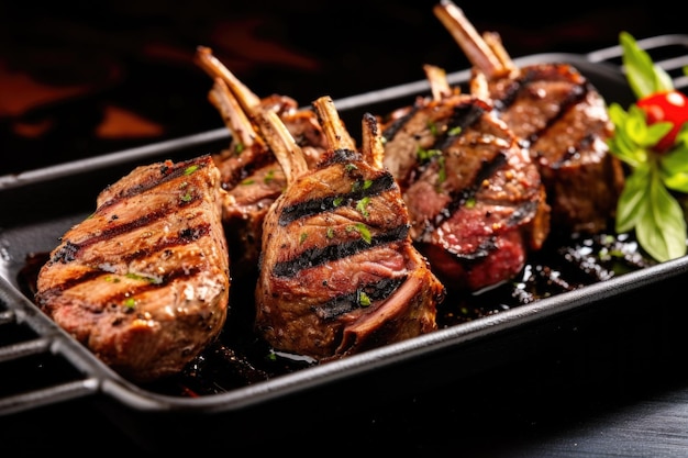 Chuletas de cordero a la parrilla en una fuente negra