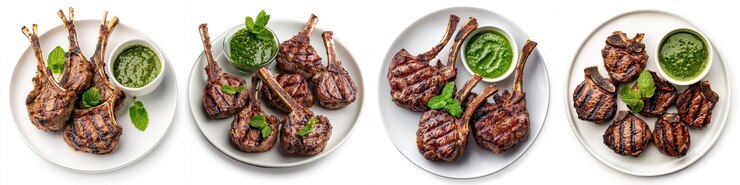Las chuletas de cordero a la parrilla servidas con salsa de menta muestran una presentación elegante Perfecta para comidas gourmet o ocasiones especiales estos platos destacan los ricos sabores y el arte culinario