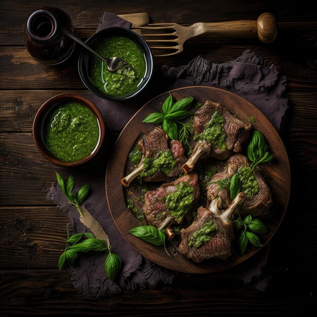 Chuletas de cordero preparadas con salsa pesto Ilustración AI Generativo