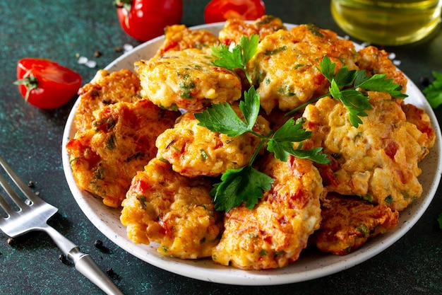 Chuletas de pollo a base de carne picada con tomates pimentón y verduras sobre una mesa de piedra oscura