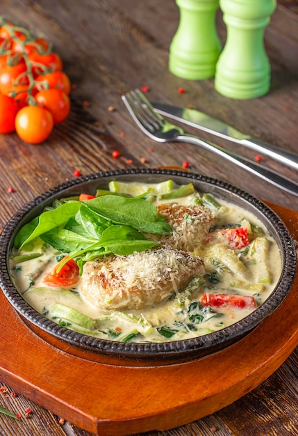 Chuletas en salsa con verduras espolvoreadas con parmesano sobre tabla de madera