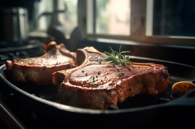 Chuletillas de cerdo a la parrilla o a la plancha con hueso con ajo, romero y finas hierbas IA generada