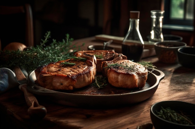 Chuletillas de cerdo a la parrilla o a la plancha con hueso con ajo, romero y finas hierbas IA generada