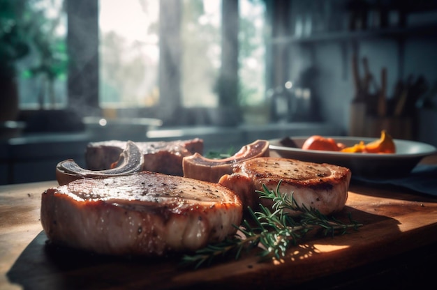 Chuletillas de cerdo a la parrilla o a la plancha con hueso con ajo, romero y finas hierbas IA generada