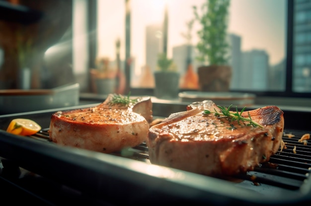 Chuletillas de cerdo a la parrilla o a la plancha con hueso con ajo, romero y finas hierbas IA generada