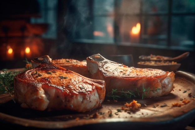 Chuletillas de cerdo a la parrilla o a la plancha con hueso con ajo, romero y finas hierbas IA generada