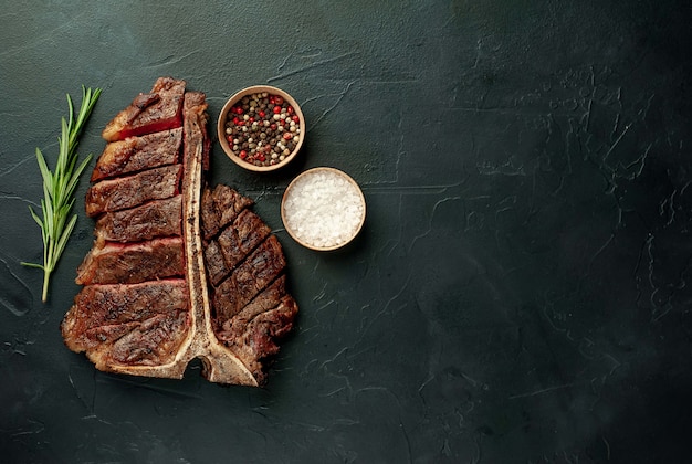 Chuletón de buey a la parrilla sobre una mesa de piedra. Con copia espacio para su texto.