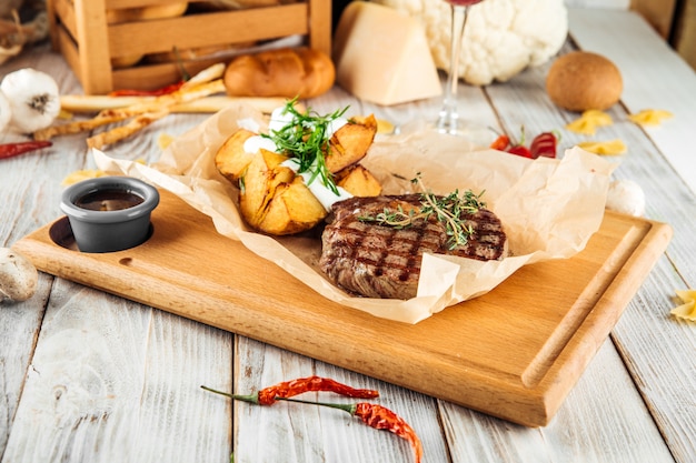 Chuletón de ternera con crema agria de patatas al horno