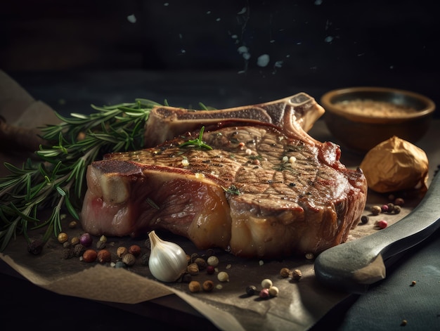 Chuletón de ternera medio cocido ajo y romero rama generativo ai