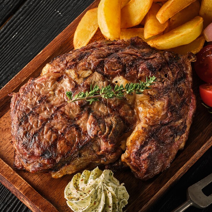 Foto chuletón de ternera con patatas, cebolla y tomates cherry al horno