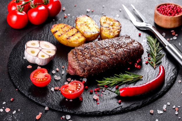 Chuletón de ternera con patatas, cebolla y tomates cherry. Jugoso bistec con mantequilla aromatizada