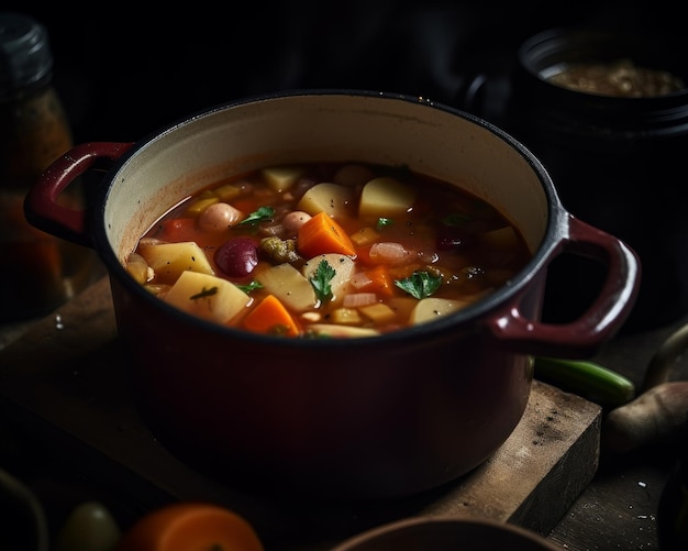 chunky Gemüsesuppe in einem rustikalen Topf auf einem Herd