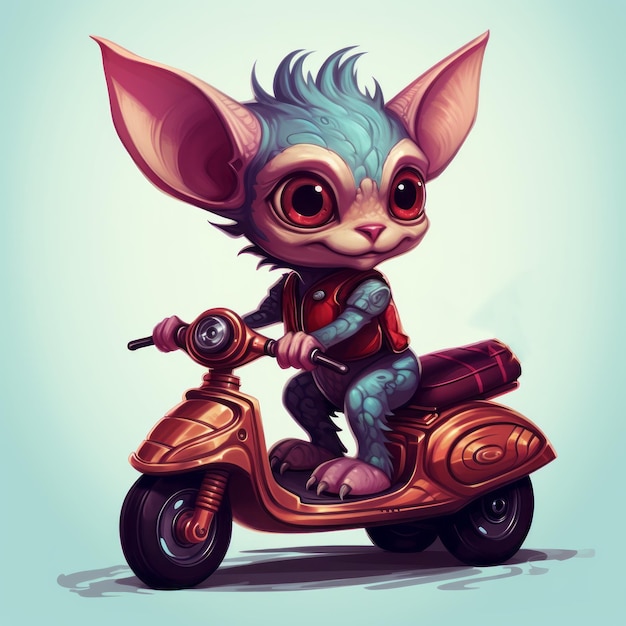 Chupacabra bonito em scooter Rato azul engraçado em estilo cyberpunk futurista