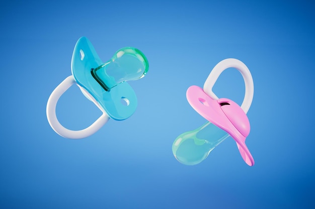 Chupetes de silicona para niños para niño y niña sobre un fondo azul 3D Render