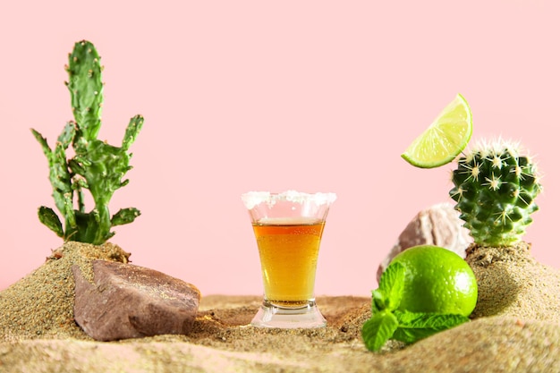 Chupito de tequila mexicano con lima y sal entre dunas de arena y cactus Fondo rosa