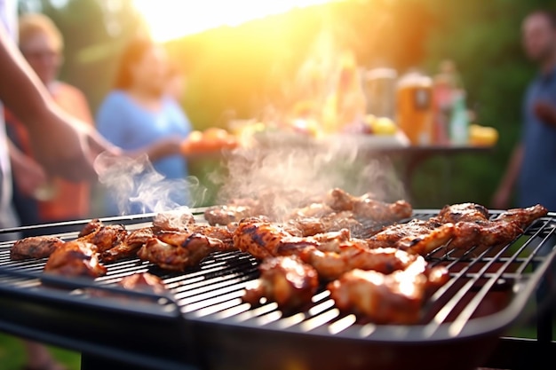 Churrasco ao ar livre com amigos e família bife grelhado e frango com fundo de pessoa turva