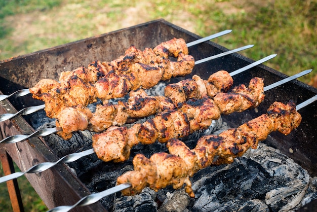 Churrasco com deliciosas carnes grelhadas na churrasqueira. Fim de semana de churrasco. Foco seletivo.