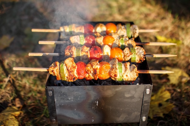 Churrasco com palitos onde se plantam carnes e vegetais