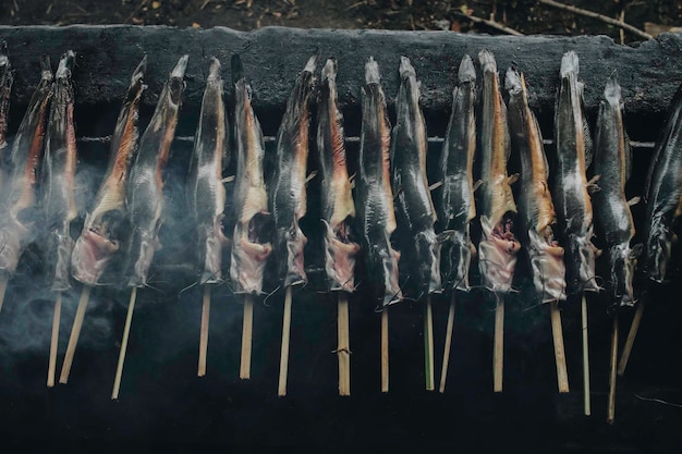 Churrasco de peixe-gato grelhado em fogão a carvão quente de maneira tradicional em Yogyakarta Indonésia ou normalmente chamado Mangut lele
