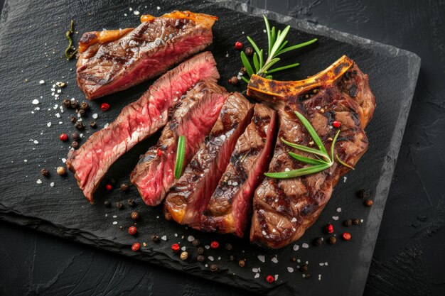 churrasco envelhecido wagyu porterhouse bife fatiado como vista superior em uma tábua de ardósia carne de vaca TBone bife suculento carne de vaca rara com especiarias fundo da receita de comida