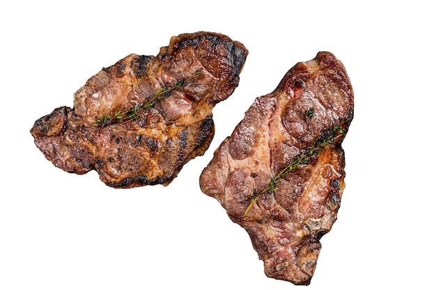 Churrasco grelhado lombo de porco bifes de carne de pescoço isolado no fundo branco