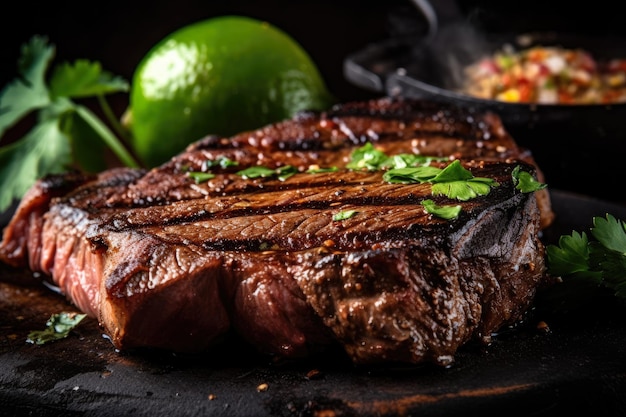 Churrasco jugoso chisporroteando en una parrilla caliente adornado con hierbas frescas y limas en rodajas