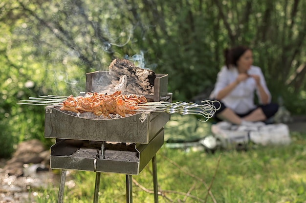 Churrasco na grelha carne marinada em espetos shish kebab bifes na grelha durante o verão