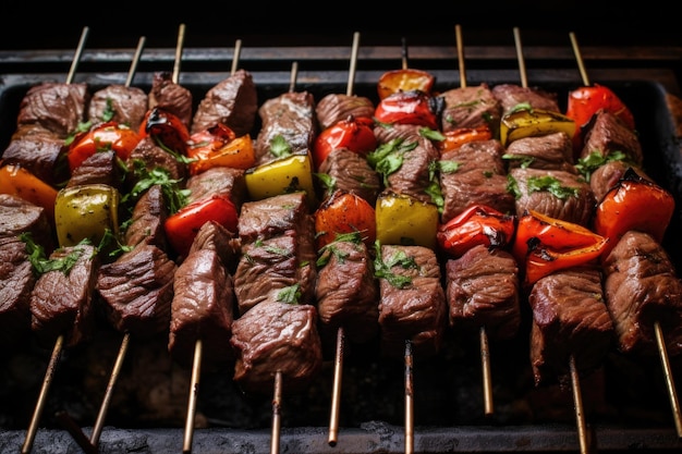 Churrasco-Spieße ordentlich auf einer Grillfläche angeordnet