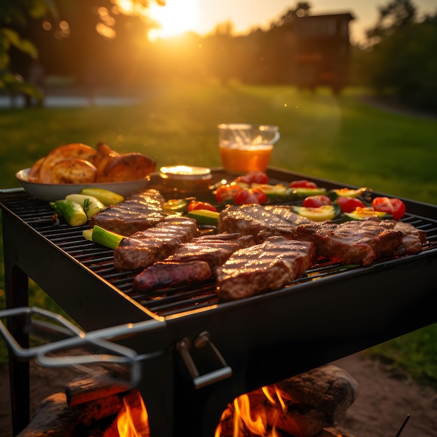 Churrasqueira ao ar livre salsichas de carne assada verão pôr do sol diversão férias celebração da cerveja