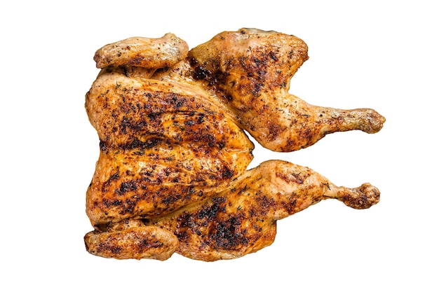 Churrasqueira de frango inteiro assado com ervas isoladas no fundo branco