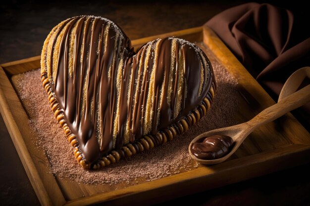 Churro em forma de coração regado com chocolate e polvilhado com amendoim criado com ai generativo