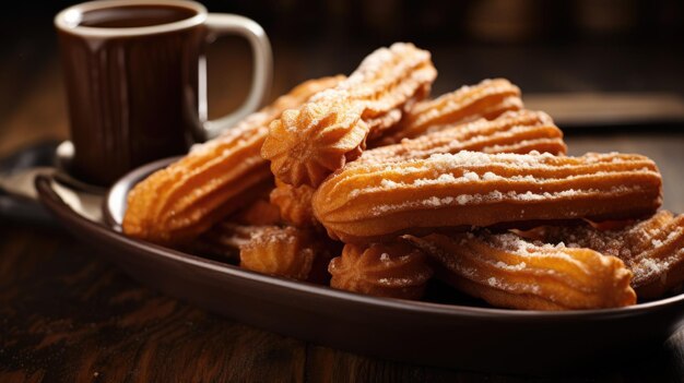 Churros y chocolate caliente en la mesa Postre tradicional español comida callejera IA