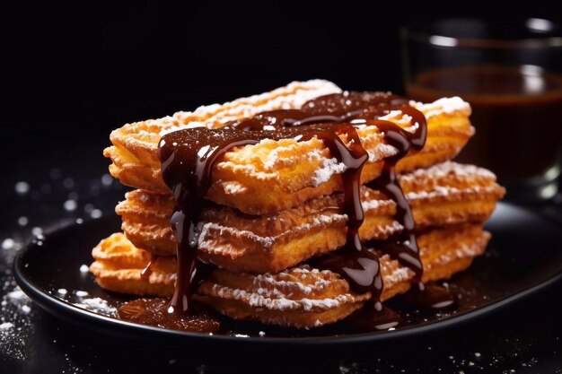 Churros con chocolate líquido Churro Pastel de masa frita con azúcar en polvo aislado en piedra negra