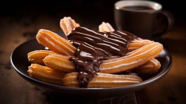 Foto churros decadentes com um rico molho de chocolate