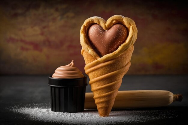 Churros em forma de coração em um cone com molho criado com IA generativa