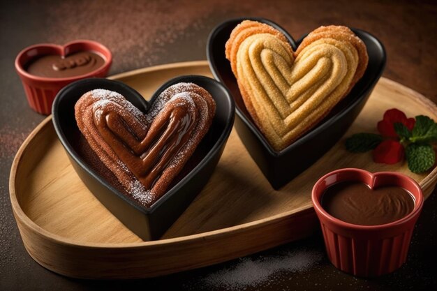 Churros em forma de coração servidos em pares com calda de chocolate criada com IA generativa