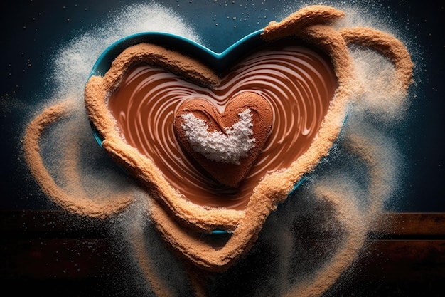 Churros en forma de corazón flotando en un charco de chocolate caliente creado con IA generativa