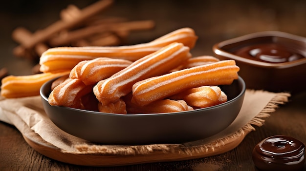 Churros mexicanos picantes e saborosos com calda de chocolate Generative AI