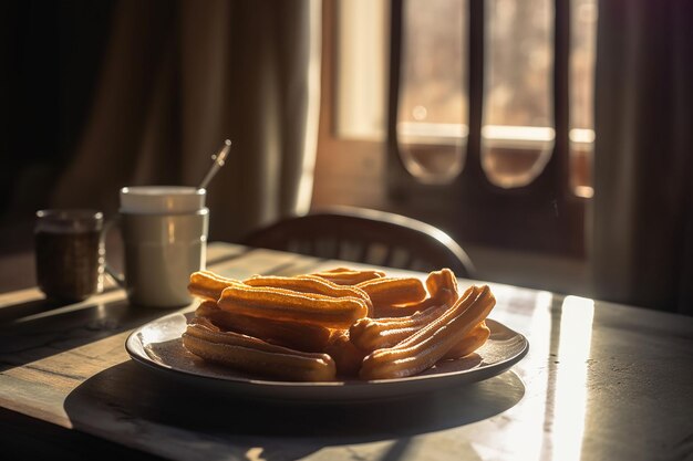Churros mit Kaffee auf dem Tisch im Morgensonnenlicht 3D-Kekse auf einem Teller