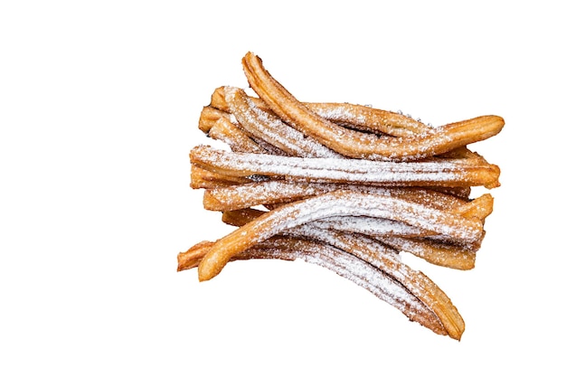 Churros de postre españoles con azúcar en polvo en una bandeja de madera de alta calidad Con fondo blanco aislado