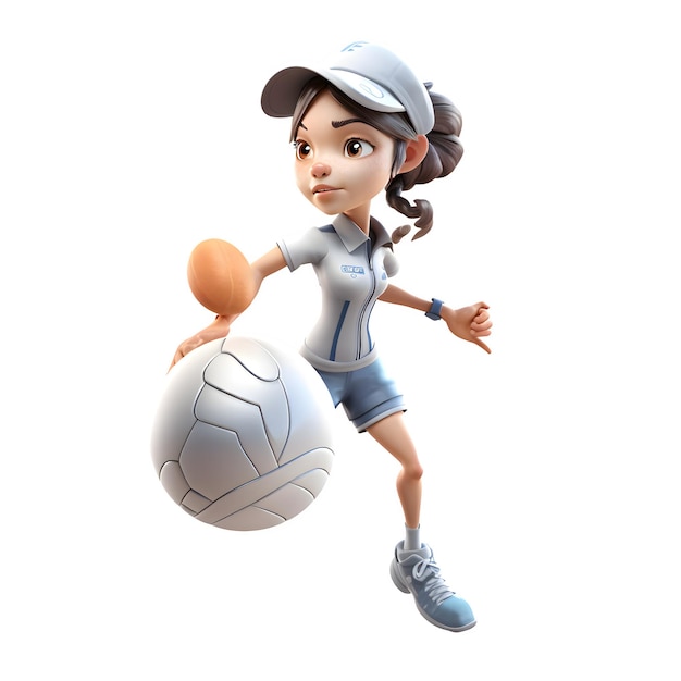 Chutando com o jogador de futebol 3D Cute Girl isolado no fundo branco