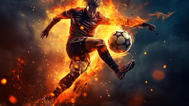 Chute Poderoso De Jogador De Futebol Com Bola De Fogo Imagem de