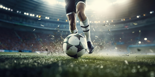 Chuteira de futebol AI generativa chutando um momento de gol de bola de futebol no estádio