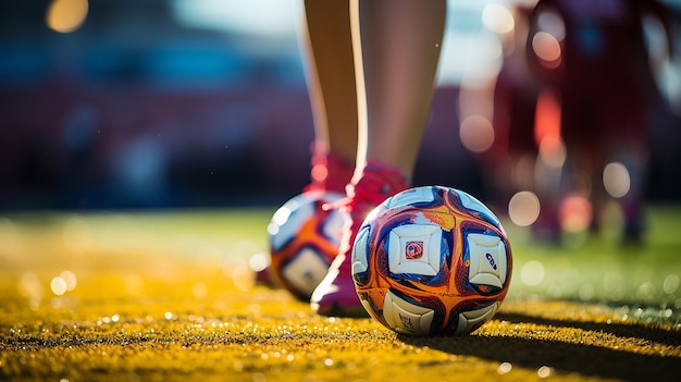 Chuteiras e bola de futebol feminino prontas para ação