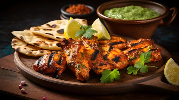 Chutney de menta, picante pollo tandoori y pan naan IA generativa