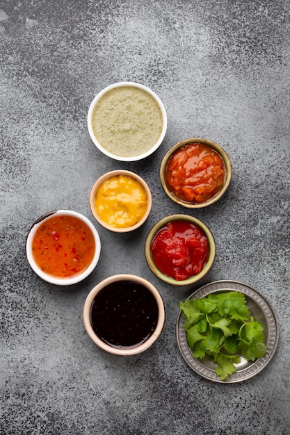 Chutneys indios surtidos en pequeños cuencos rústicos sobre fondo de hormigón gris. Vista superior de chutney colorido, salsas tradicionales indias y salsas como aperitivo o guarnición, primer plano